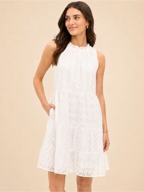 LOFT White Eyelet Tiered Swing Mini Dress Petite Small Lined
